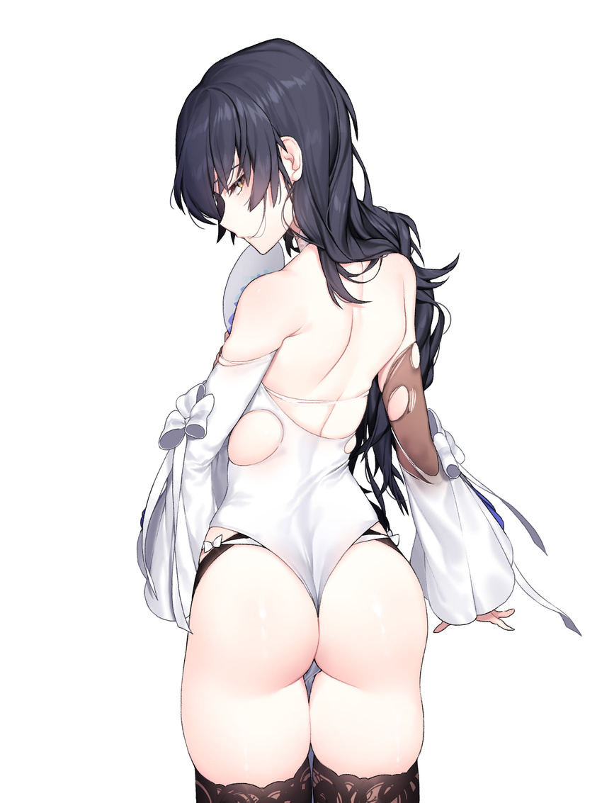 absurdres arm_at_side armpit_crease ass bangs bare_shoulders black_hair blush bow chinese chinese_clothes choker dress fan from_behind girls_frontline hair_between_eyes hair_ornament hair_over_shoulder half-closed_eyes highres holding holding_fan ia_(ias1010) lace lace-trimmed_thighhighs lace_choker long_hair long_sleeves looking_at_viewer looking_back panties parted_lips qbz-95_(girls_frontline) ribbon shiny shiny_skin shoulder_blades side-tie_panties sidelocks simple_background skindentation solo thighhighs thighs torn_clothes underwear white_background white_bow white_dress white_panties white_ribbon wide_sleeves