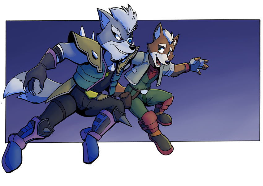 anthro canine cirruskitfox clothed clothing duo fox fox_mccloud fully_clothed fur gradient_background male mammal nintendo simple_background star_fox video_games wolf wolf_o'donnell