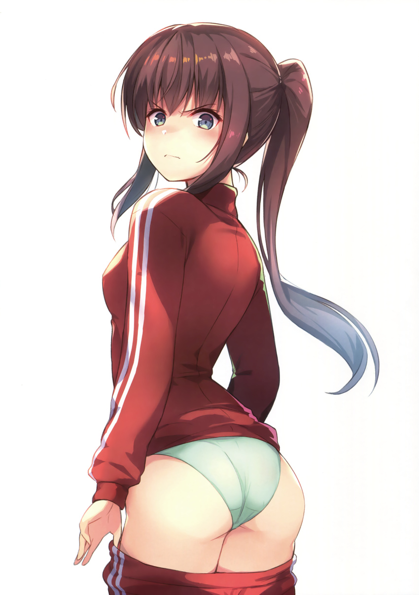 &gt;:( absurdres ass bangs blush brown_hair closed_mouth cowboy_shot double_vertical_stripe eyebrows_visible_through_hair from_behind frown green_eyes green_panties highres hinooka_shuuji jacket long_sleeves looking_at_viewer looking_back original panties pants pants_pull ponytail red_jacket red_pants scan shiny shiny_hair sidelocks simple_background solo standing track_jacket track_pants track_suit underwear undressing v-shaped_eyebrows white_background