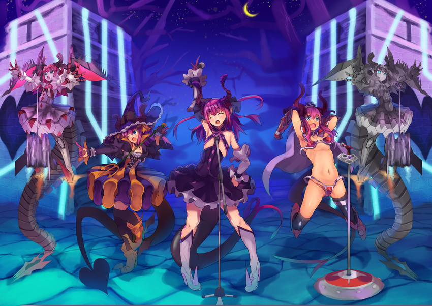 armor bikini bikini_armor blue_eyes breasts curled_horns detached_sleeves dragon_horns elizabeth_bathory_(brave)_(fate) elizabeth_bathory_(fate) elizabeth_bathory_(fate)_(all) elizabeth_bathory_(halloween)_(fate) fate/grand_order fate_(series) halloween_costume hat highres holding holding_microphone horns idol kamakura_(clupeoidei) long_hair mecha_eli-chan mecha_eli-chan_mk.ii mecha_musume microphone microphone_stand multiple_girls multiple_persona music nail_polish pink_hair pink_nails pointy_ears robot singing small_breasts string_bikini swimsuit witch_hat