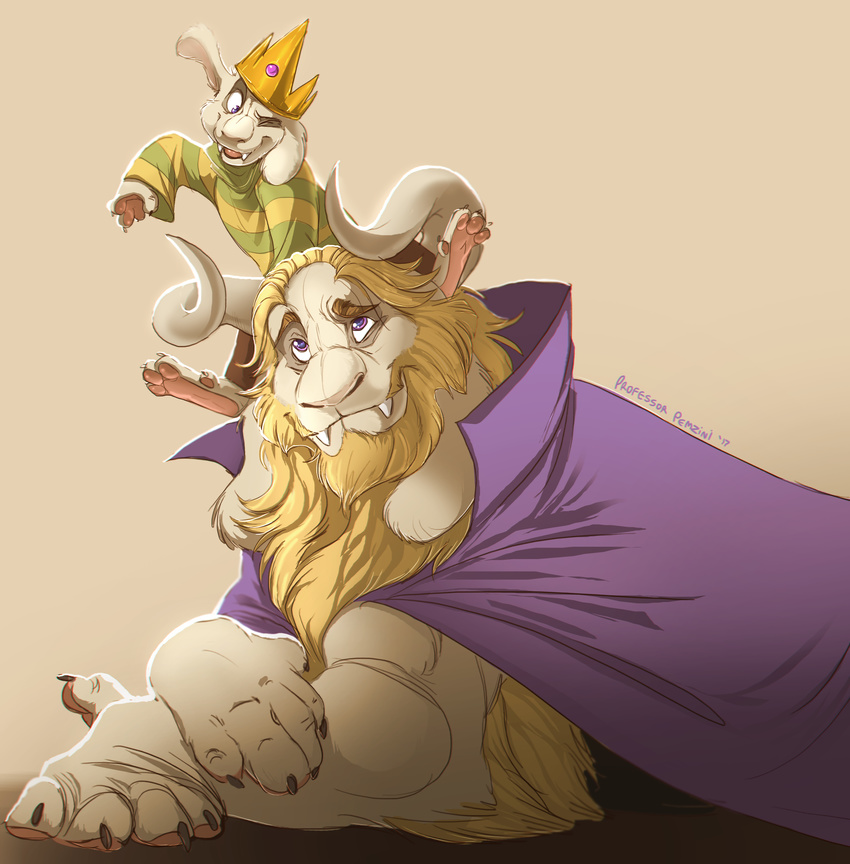 anthro asgore_dreemurr asriel_dreemurr beard boss_monster cape caprine child clothing crown duo facial_hair father fur goat hi_res horn long_ears male mammal parent professorpemzini simple_background son stripes undertale video_games white_fur young