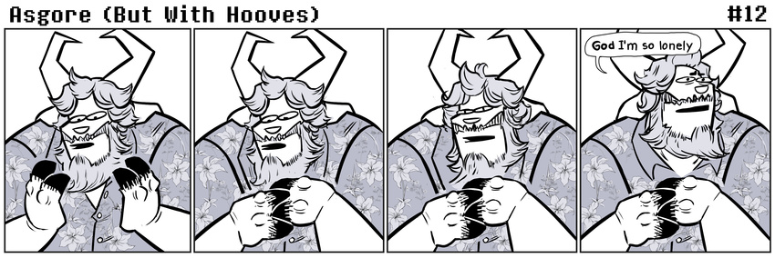 anthro asgore_dreemurr beard black_and_white boss_monster caprine clothed clothing comic dialogue english_text facial_hair goat hooves horn long_ears male mammal monochrome simple_background solo speech_bubble squatlord text undertale video_games white_background