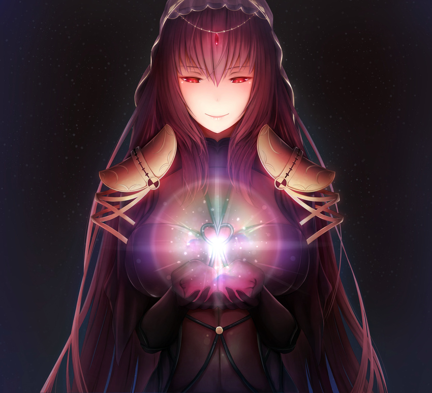 absurdres armor bodysuit breasts commentary_request fate/grand_order fate_(series) highres large_breasts long_hair lun7732 pauldrons purple_bodysuit purple_hair red_eyes scathach_(fate)_(all) scathach_(fate/grand_order) shoulder_armor smile solo veil