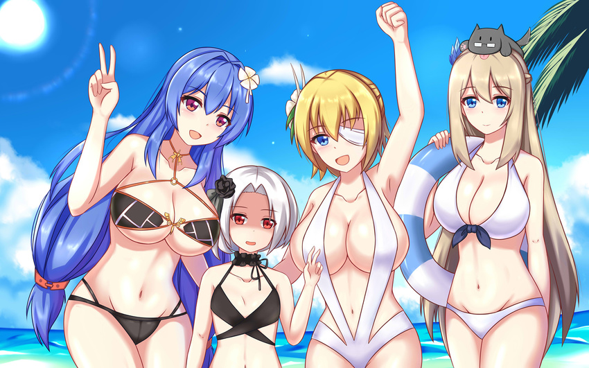 animal animal_on_head arm_up armpits bikini black_bikini black_choker black_flower blonde_hair blue_eyes blue_hair blush breast_envy breasts choker clenched_hand collarbone day eyebrows_visible_through_hair eyepatch flower group_picture hair_flower hair_intakes hair_ornament height_difference helena_(zhan_jian_shao_nyu) highres huge_breasts innertube large_breasts leaning_to_the_side lexington_(zhan_jian_shao_nyu) long_hair looking_at_viewer low_twintails multiple_girls navel o-ring o-ring_bikini ocean on_head open_mouth outdoors platinum_blonde_hair pose prince_of_wales_(zhan_jian_shao_nyu) red_eyes shaded_face short_hair slingshot_swimsuit small_breasts smile swimsuit twintails v very_long_hair vittorio_veneto_(zhan_jian_shao_nyu) white_bikini white_flower white_hair xiao_qi zhan_jian_shao_nyu