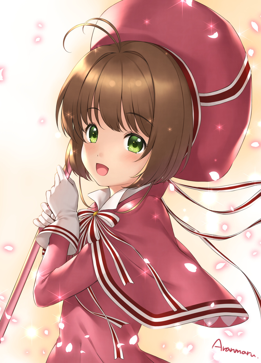 :d antenna_hair artist_name bangs beige_background blush brown_hair capelet cardcaptor_sakura commentary_request dress eyebrows_visible_through_hair gloves gradient gradient_background green_eyes highres holding kinomoto_sakura long_sleeves looking_at_viewer looking_to_the_side open_mouth petals purple_capelet purple_dress ren_san ribbon smile solo sparkle striped striped_ribbon white_background white_gloves