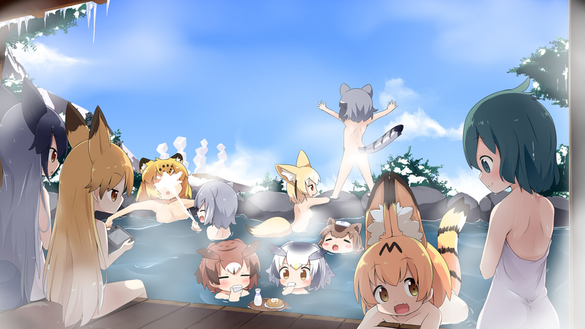 :d =_= ahoge animal_ears arms_up blonde_hair blue_sky blush blush_stickers bottle brown_eyes brown_hair capybara_(kemono_friends) capybara_ears choko_(cup) closed_eyes cloud commentary common_raccoon_(kemono_friends) convenient_censoring cup day drinking eurasian_eagle_owl_(kemono_friends) extra_ears ezo_red_fox_(kemono_friends) fang fennec_(kemono_friends) food fox_ears fox_tail green_eyes green_hair grey_hair handheld_game_console head_wings highres holding holding_cup icicle jaguar_(kemono_friends) jaguar_ears japari_bun japari_symbol kaban_(kemono_friends) kemono_friends long_hair looking_at_another makuran mountain multicolored_hair multiple_girls naked_towel northern_white-faced_owl_(kemono_friends) nude onsen open_mouth otter_ears outdoors outstretched_arms partially_submerged raccoon_ears raccoon_tail sandstar serval_(kemono_friends) serval_ears serval_tail short_hair silver_fox_(kemono_friends) sitting sky small-clawed_otter_(kemono_friends) smile spread_arms standing steam steam_censor tail tokkuri towel towel_on_head tray tree very_long_hair water water_gun white_hair yellow_eyes