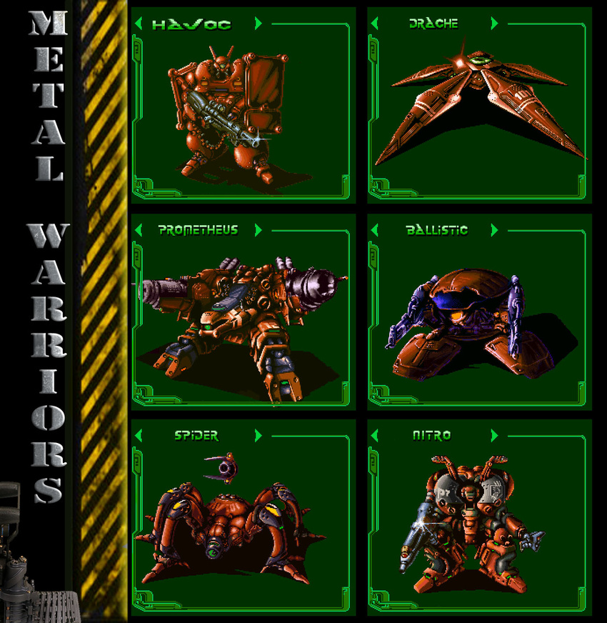 ballistic_(metal_warriors) cannon commentary derivative_work drache_(metal_warriors) energy_cannon floating game_console gun gunpod havoc_(metal_warriors) highres machine_gun mecha metal_warriors missile_pod nitro_(metal_warriors) oldschool prometheus_(metal_warriors) rocket_launcher science_fiction screencap shield spider_(metal_warriors) super_nintendo video_game walker weapon