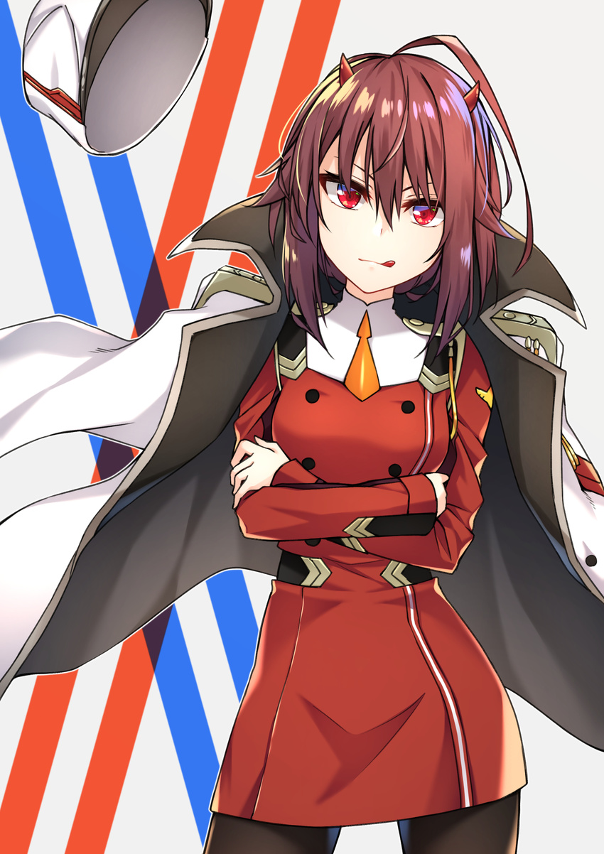 :q ahoge black_legwear brown_hair cape commentary cosplay crossed_arms darling_in_the_franxx dress hair_between_eyes hat hat_removed headwear_removed healther highres horns looking_at_viewer medium_hair military military_uniform original pantyhose red_dress red_eyes solo tongue tongue_out uniform v-shaped_eyebrows zero_two_(darling_in_the_franxx) zero_two_(darling_in_the_franxx)_(cosplay)