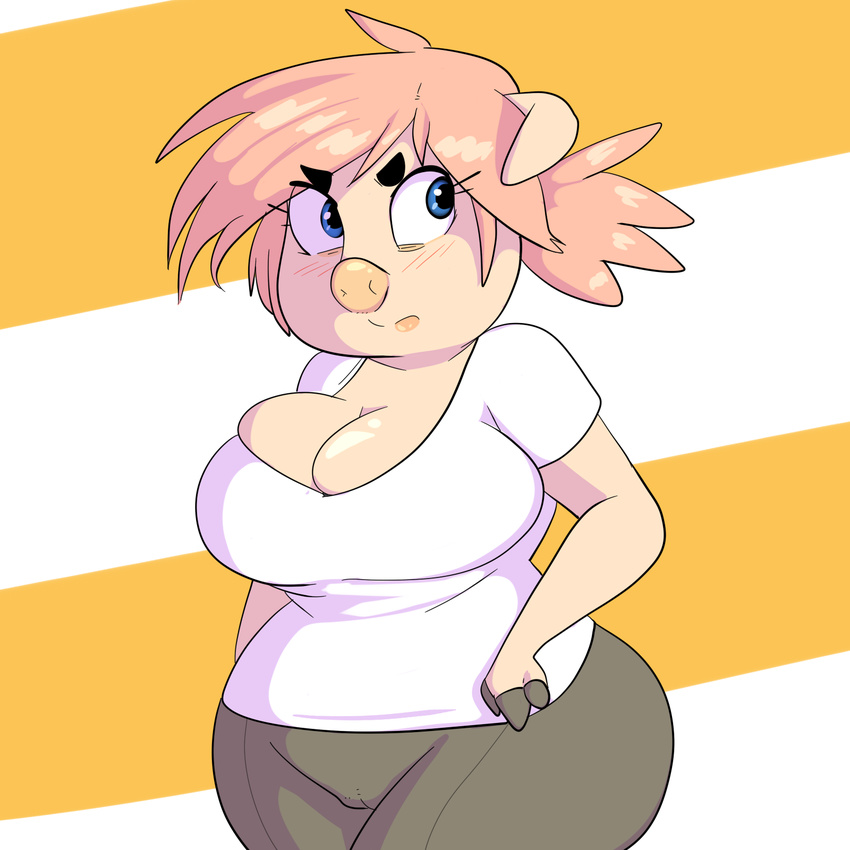 2016 3_fingers angry annoyed anthro big_breasts blue_eyes blush breasts camel_toe cleavage clothed clothing female hair hi_res looking_away looking_back mammal pants pattern_background pig pink_hair pink_nose pink_skin porcine rosey_(sprocket) simple_background slightly_chubby solo sprocket_(artist) standing striped_background white_background white_shirt wide_hips yellow_background