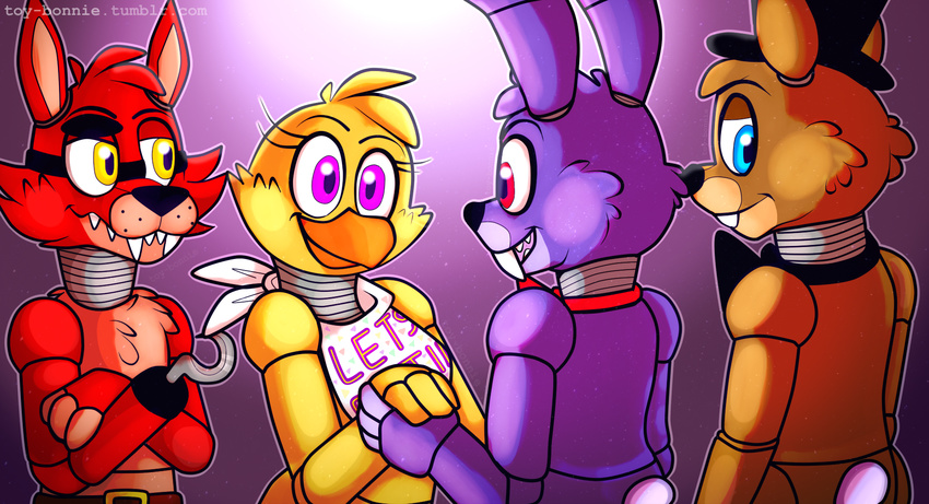 animatronic anthro avian bear bib bird blue_eyes bonnie_(fnaf) canine chica_(fnaf) chicken eye_patch eyelashes eyewear five_nights_at_freddy's fox foxy_(fnaf) freddy_(fnaf) group hook lagomorph machine mammal pink_eyes pirate rabbit red_eyes robot smile teeth toy-bonnie video_games yellow_eyes