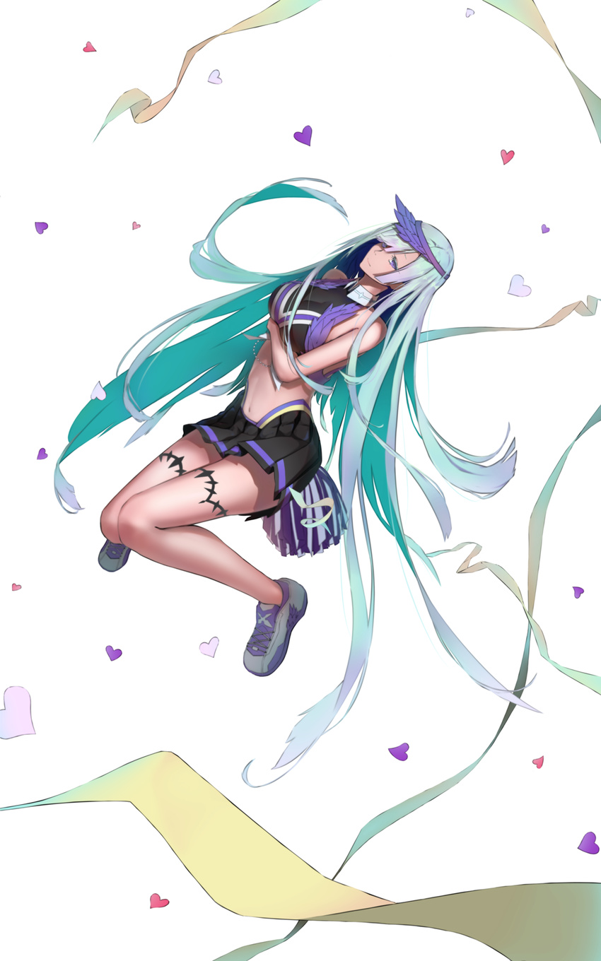 bare_shoulders breasts brynhildr_(fate) bustier cheer_for_master cheerleader fate/grand_order fate/prototype fate/prototype:_fragments_of_blue_and_silver fate_(series) green_hair heart highres large_breasts long_hair pleated_skirt purple_eyes sideboob skirt smile solo suguru_(a129214673) thigh_strap very_long_hair