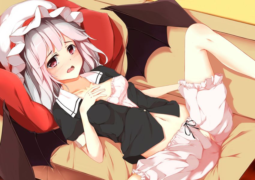 absurdres bangs bat_wings bloomers breasts couch crotchless_bloomers hand_on_own_chest hat hat_ribbon highres indoors leg_up lying mob_cap mu_yan navel on_back pillow pink_eyes purple_hair pussy remilia_scarlet ribbon small_breasts solo spread_legs tareme touhou underwear white_hat wings