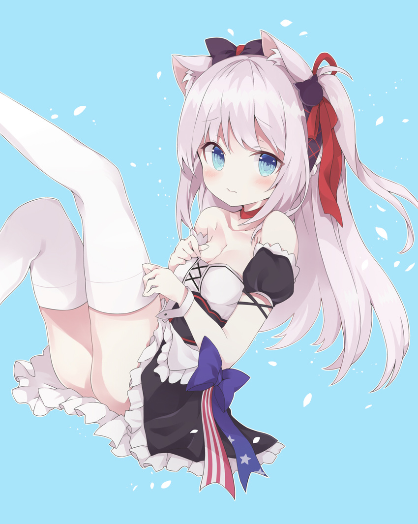 american_flag american_flag_print animal_ears apron azur_lane bare_shoulders black_bow black_dress blue_background blue_bow blue_eyes blush bow breasts cat_ears cat_hair_ornament choker cleavage closed_mouth collarbone commentary_request dress flag_print frilled_apron frilled_dress frills hair_bow hair_ornament hair_ribbon hammann_(azur_lane) highres long_hair looking_at_viewer medium_breasts one_side_up puffy_short_sleeves puffy_sleeves red_choker red_ribbon remodel_(azur_lane) ribbon rinji short_sleeves silver_hair solo thighhighs waist_apron wavy_mouth white_apron white_legwear wrist_cuffs