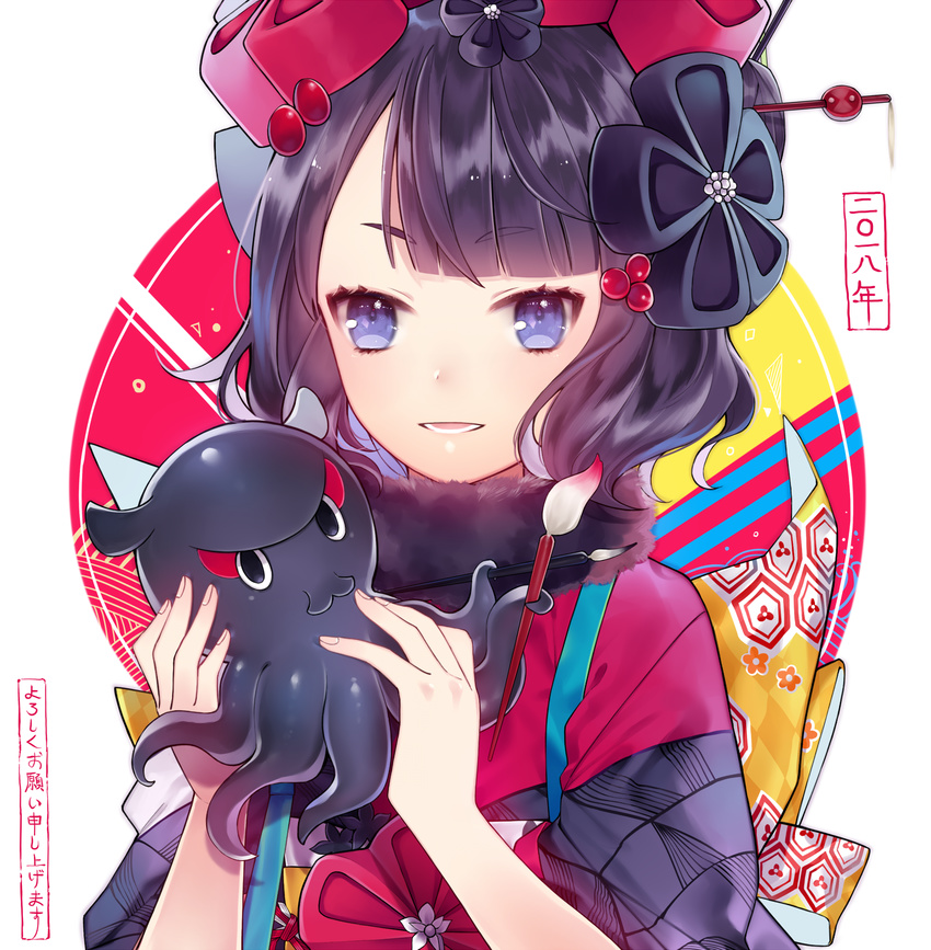 animal bad_id bad_pixiv_id bangs black_hair black_kimono blunt_bangs bow calligraphy_brush checkered checkered_bow eyebrows_visible_through_hair fate/grand_order fate_(series) fingernails hair_ornament highres holding holding_animal ichinosenen japanese_clothes katsushika_hokusai_(fate/grand_order) kimono looking_at_viewer obi octopus paintbrush parted_lips purple_eyes sash short_hair smile solo tokitarou_(fate/grand_order) translation_request upper_body v-shaped_eyebrows white_background yellow_bow