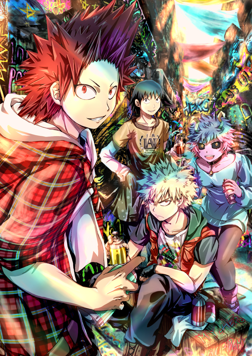 &gt;:/ 3boys :d arm_rest ashido_mina bakugou_katsuki bare_arms black_eyes black_gloves black_hair black_legwear black_sclera blonde_hair boku_no_hero_academia casual choker closed_mouth collarbone colorful commentary_request copyright_name day dress fingerless_gloves gloves graffiti grin hair_between_eyes hand_in_pocket hand_up highres holding hood hood_down hooded_jacket hoodie horns jacket kirishima_eijirou long_sleeves looking_at_viewer multiple_boys open_clothes open_jacket open_mouth orange_eyes outdoors pants pantyhose pink_hair plaid purple_skin red_eyes red_hair scar seiza sero_hanta shirt short_hair short_sleeves sitting smile spiked_hair spray_can standing sweater sweater_dress teeth yokieyoyo