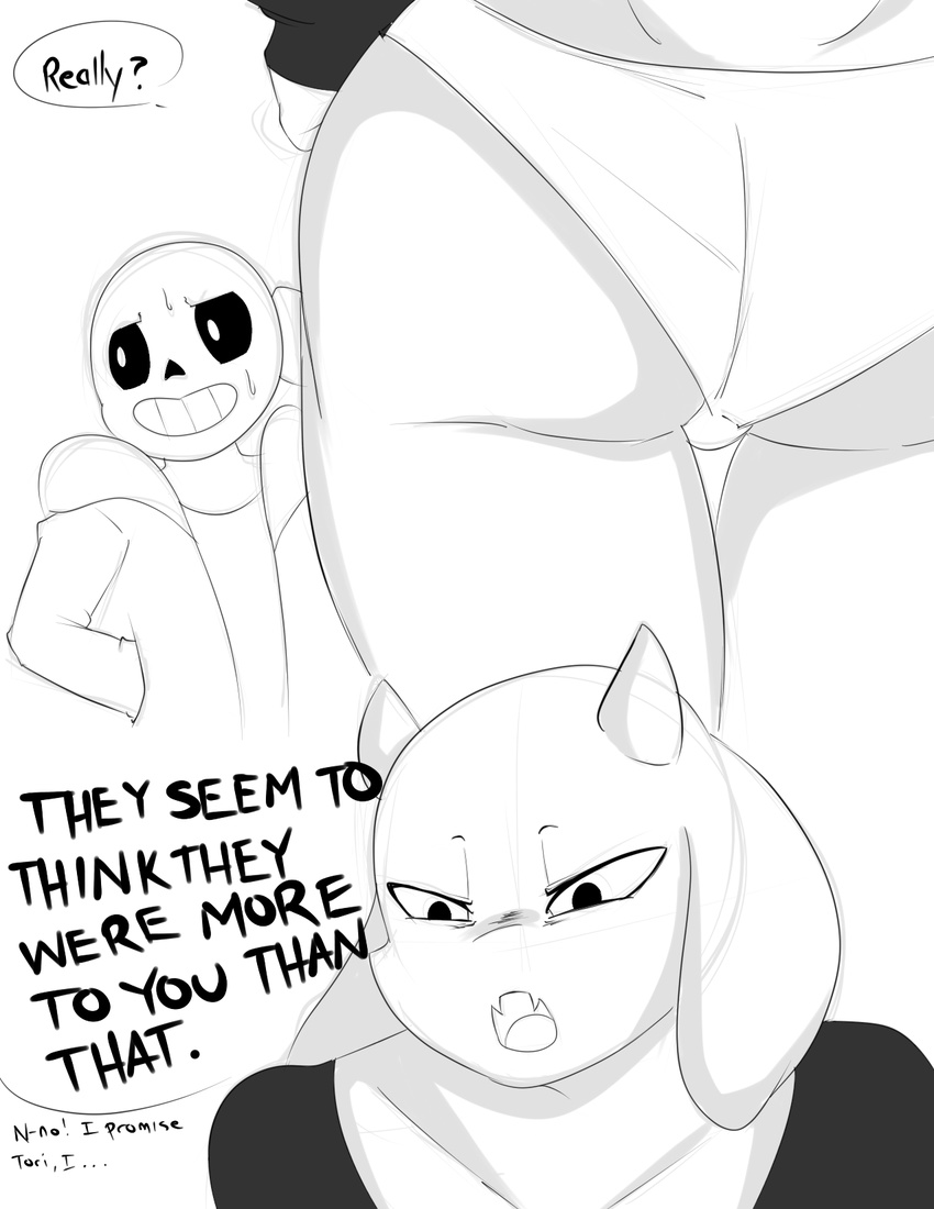 2018 angry animated_skeleton anthro blush bone breasts caprine clothing comic digital_media_(artwork) duo english_text female goat imminent_sex inuyuru larger_female male mammal mature_female monochrome panties rear_view sans_(undertale) size_difference skeleton smile sweat text toriel tsundere undead undertale underwear video_games