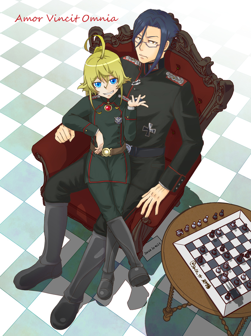 1girl absurdres ahoge being_x belt belt_buckle blonde_hair blue_eyes blue_hair board_game boots buckle chair chess chess_piece chessboard different_shadow epaulettes erich_von_rerugen full_body gem glasses highres iron_cross latin looking_at_viewer military military_uniform semi-rimless_eyewear sitting sitting_on_lap sitting_on_person tanya_degurechaff tile_floor tiles translated tsuioku uniform when_you_see_it yellow_eyes youjo_senki