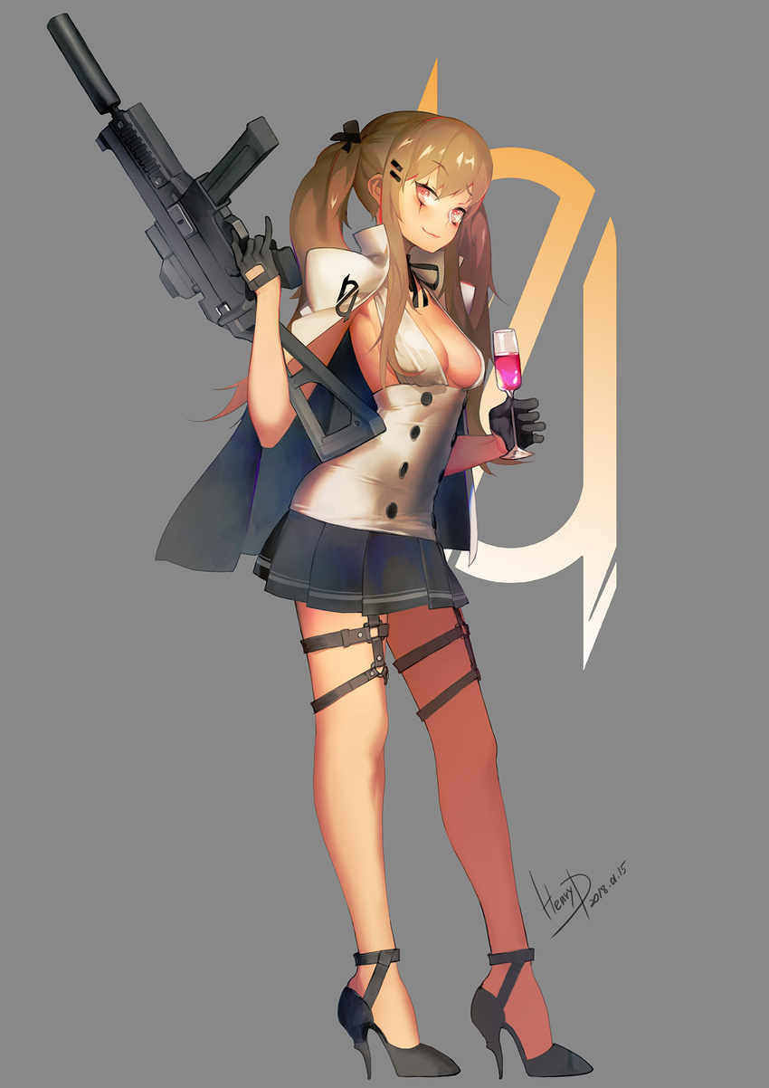 alcohol alternate_costume armpits bangs black_bow black_gloves black_ribbon blush bow breasts brown_hair champagne_flute cleavage commentary cup dated double-breasted drinking_glass girls_frontline gloves grey_background gun h&amp;k_ump h&amp;k_ump9 hair_between_eyes hair_bow hair_ornament hair_ribbon hairclip half_gloves halterneck heckler_&amp;_koch henry_davis high_heels highres holding holding_cup holding_gun holding_weapon long_hair looking_at_viewer magazine_(weapon) medium_breasts miniskirt no_bra o-ring pleated_skirt red_eyes ribbon scar scar_across_eye sideboob sidelocks signature simple_background skirt smile solo submachine_gun suppressor thigh_strap trigger_discipline twintails ump9_(girls_frontline) underbust weapon