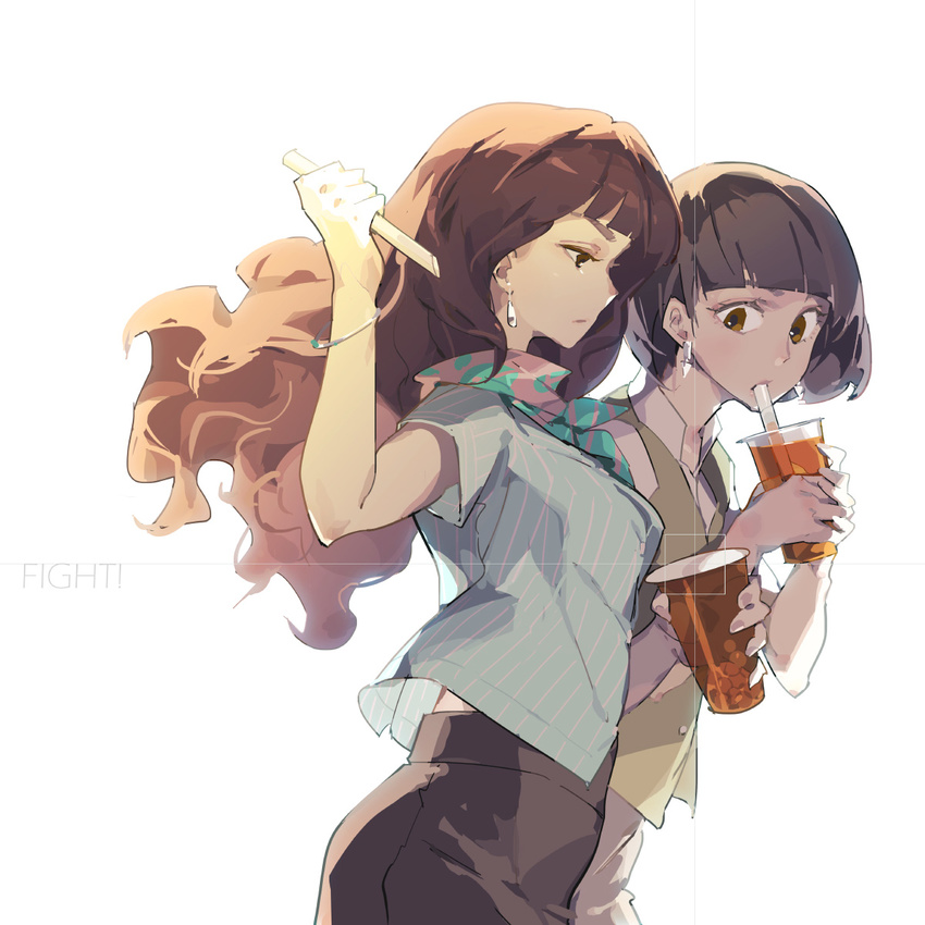 2girls 2hands1cup arm_up black_skirt bracelet brown_eyes coffee commentary_request cup drinking drinking_straw earrings from_side highres holding holding_cup holding_drinking_straw jewelry long_hair looking_at_viewer multiple_girls original profile shirt short_hair short_sleeves side-by-side skirt tan_vest tennohi vest white_shirt