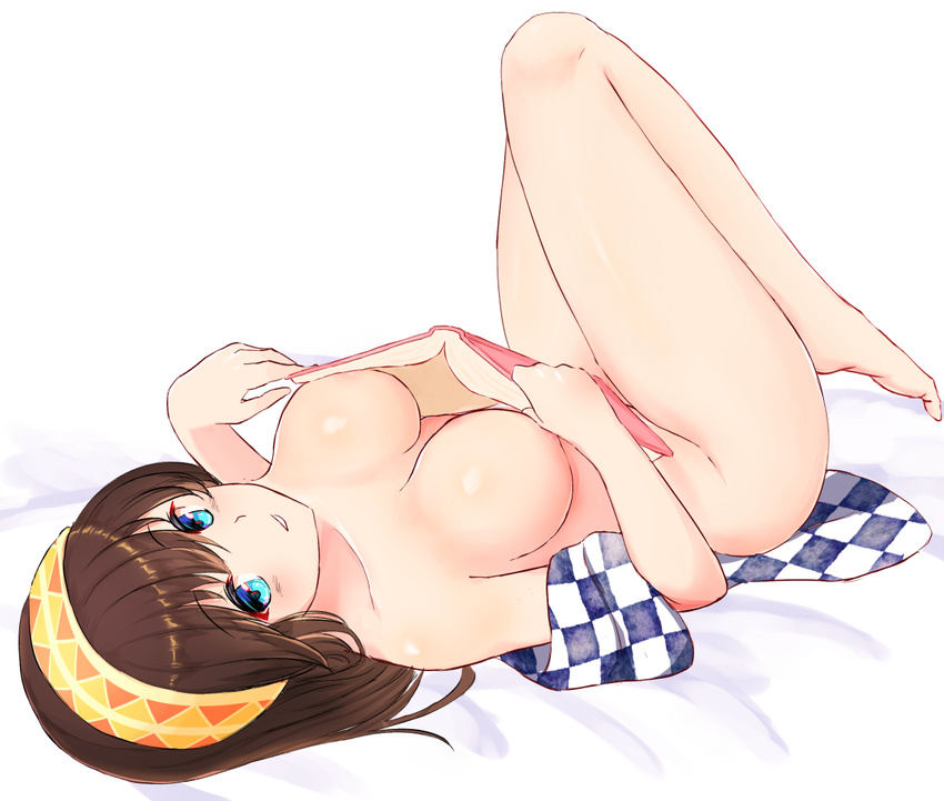 areola_slip areolae bad_id bad_pixiv_id bangs barefoot blue_eyes blush book breasts brown_hair checkered chouge60229 cleavage collarbone covering covering_breasts eyebrows_visible_through_hair full_body groin hairband holding holding_book idolmaster idolmaster_cinderella_girls knees_up large_breasts long_hair looking_at_viewer nude off_shoulder open_book open_clothes parted_lips sagisawa_fumika shiny shiny_skin simple_background smile solo tareme thighs white_background yellow_hairband