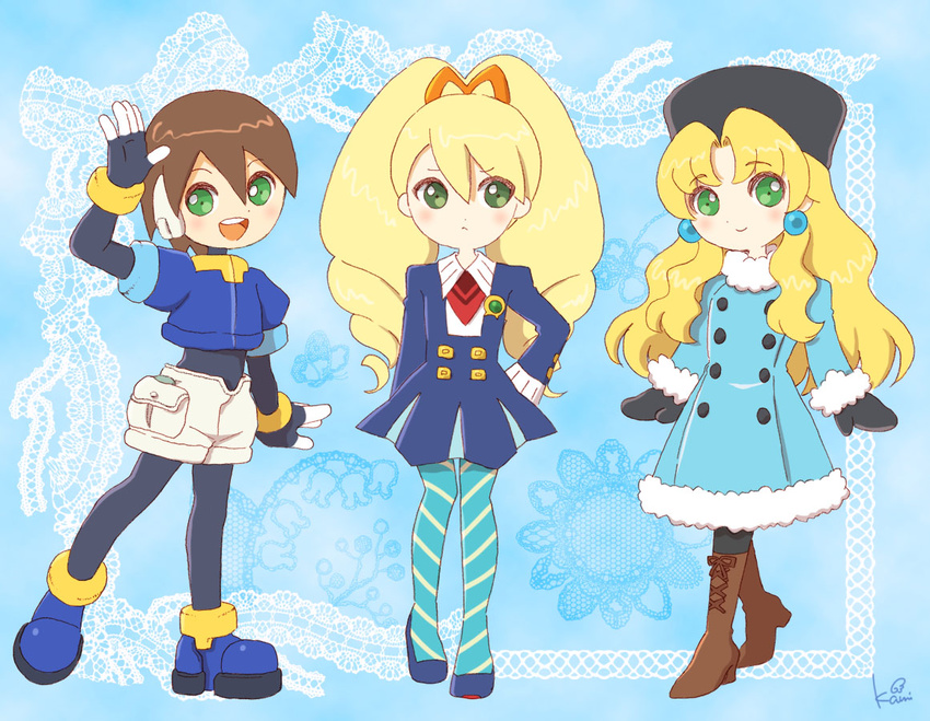 3girls badge bangs black_gloves black_legwear blonde_hair blue_background blush bodystocking boots bracelet brown_hair capcom coat earrings eyebrows_visible_through_hair fingerless_gloves full_body fur_trim gloves green_eyes hair_between_eyes hair_ornament hand_on_hip hat heels long long_hair multiple_girls one_leg_raised open_mouth pocket rockman rockman_(classic) rockman_xover rockman_zx ryuusei_no_rockman salute school_uniform shoes short_hair shorts smile teeth twintails