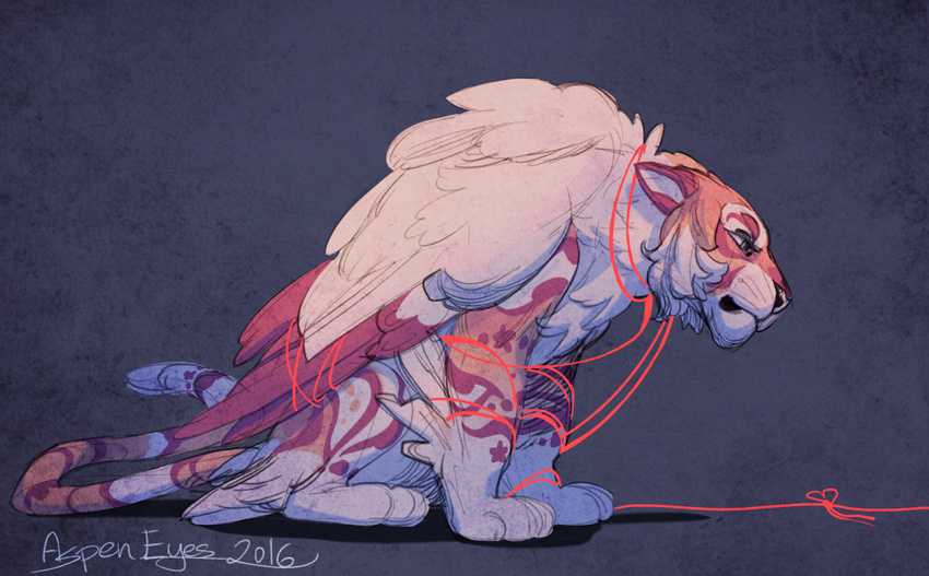 &lt;3 2016 ambiguous_gender aspeneyes countershading feathered_wings feathers feline feral fur golden_tiger mammal markings orange_fur red_feathers red_string_of_fate sad side_view simple_background sitting solo string stripes textured_background tiger white_countershading white_feathers white_markings wings yellow_fur