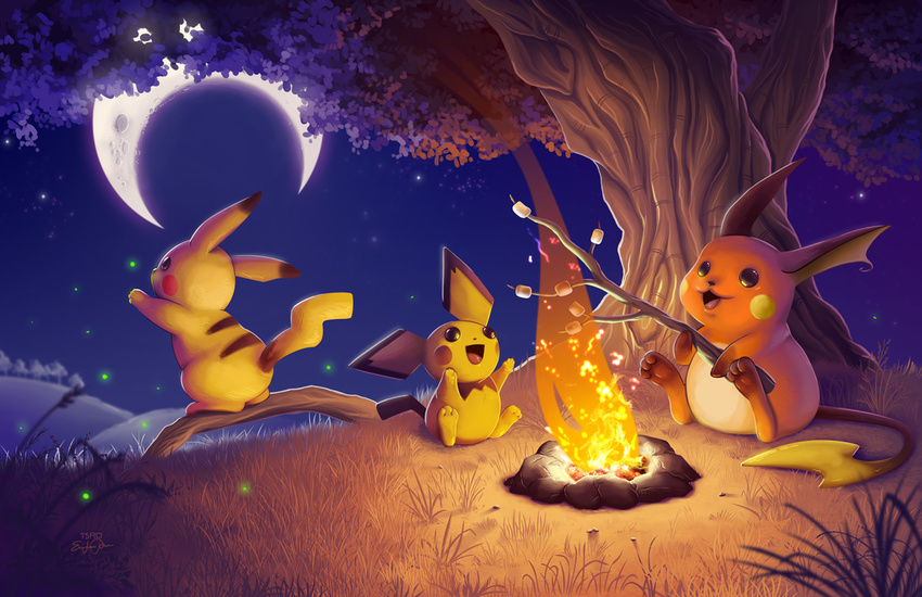 2010 3_toes 4_fingers :d back_markings branch campfire crescent_moon depth_of_field detailed_background digital_drawing_(artwork) digital_media_(artwork) dipstick_ears field fire firefly fur grass group holding_object level_difference markings marshmallow moon night nintendo open_mouth open_smile outside pichu pikachu pok&eacute;mon pok&eacute;mon_(species) raichu raised_arm reaching red_cheeks signature sitting smile toes tree tsaoshin video_games yellow_cheeks yellow_fur