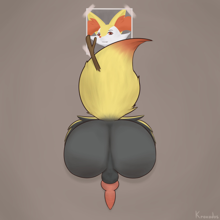 2017 absurd_res animal_genitalia animal_penis anus backsack balls big_butt braixen butt butt_focus canine_penis erection hi_res krokodos male mammal nintendo penis perineum pok&eacute;mon pok&eacute;mon_(species) presenting presenting_hindquarters public_use raised_tail rear_view simple_background solo through_wall video_games