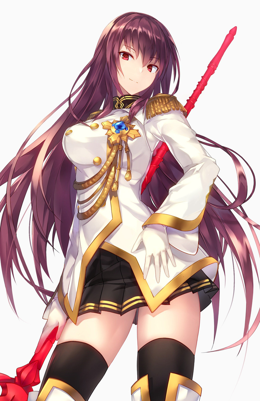 black_legwear breasts cowboy_shot epaulettes fate/extella fate/extella_link fate/extra fate_(series) frilled_sleeves frills gae_bolg gloves highres holding holding_weapon large_breasts long_hair metindone military military_uniform polearm purple_hair red_eyes scathach_(fate)_(all) scathach_(fate/grand_order) smile solo spear thighhighs uniform weapon white_gloves