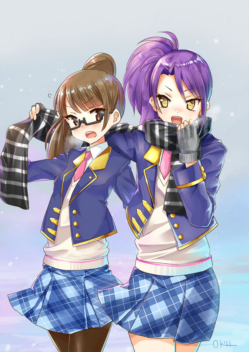 :d black-framed_eyewear black_scarf blazer blue_jacket blue_skirt blush breath brown_eyes brown_hair brown_legwear collared_shirt commentary_request cowboy_shot fingerless_gloves flying_sweatdrops glasses gloves grey_gloves high_ponytail highres holding holding_scarf jacket long_hair minami_mirei multiple_girls necktie okiru open_mouth pantyhose pink_neckwear plaid plaid_skirt pleated_skirt ponytail pretty_(series) pripara purple_hair scarf semi-rimless_eyewear shared_scarf shirt signature skirt smile snowing striped striped_scarf sweater_vest toudou_shion under-rim_eyewear upper_teeth v-shaped_eyebrows white_shirt yellow_eyes