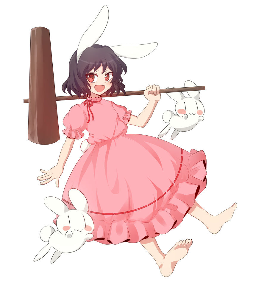 :d absurdres animal animal_ears bad_id bad_twitter_id bangs bare_arms bare_legs barefoot black_hair blush bunny bunny_ears bunny_tail choker dress eyebrows eyebrows_visible_through_hair fingernails frilled_dress frilled_sleeves frills full_body highres holding holding_mallet inaba_tewi kine kuromiya_yurin looking_away looking_to_the_side mallet open_mouth pink_dress puffy_short_sleeves puffy_sleeves red_choker red_eyes red_ribbon ribbon ribbon-trimmed_clothes ribbon-trimmed_dress ribbon_choker ribbon_trim short_hair short_sleeves smile solo tail touhou transparent_background tsurime