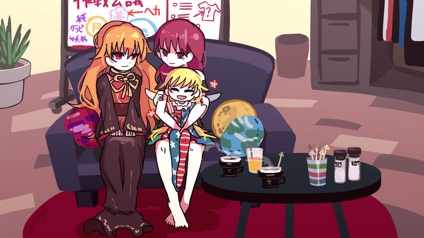 absurdres american_flag_dress american_flag_legwear asuku_(69-1-31) barefoot black_dress blonde_hair carpet closed_eyes clownpiece commentary couch cup dress drinking_glass drinking_straw earth_(ornament) flower_pot hecatia_lapislazuli highres indoors junko_(touhou) long_hair looking_at_another moon_(ornament) multiple_girls no_hat no_headwear orange_hair pantyhose plant red_carpet red_eyes red_hair sitting smile tabard table touhou very_long_hair wings