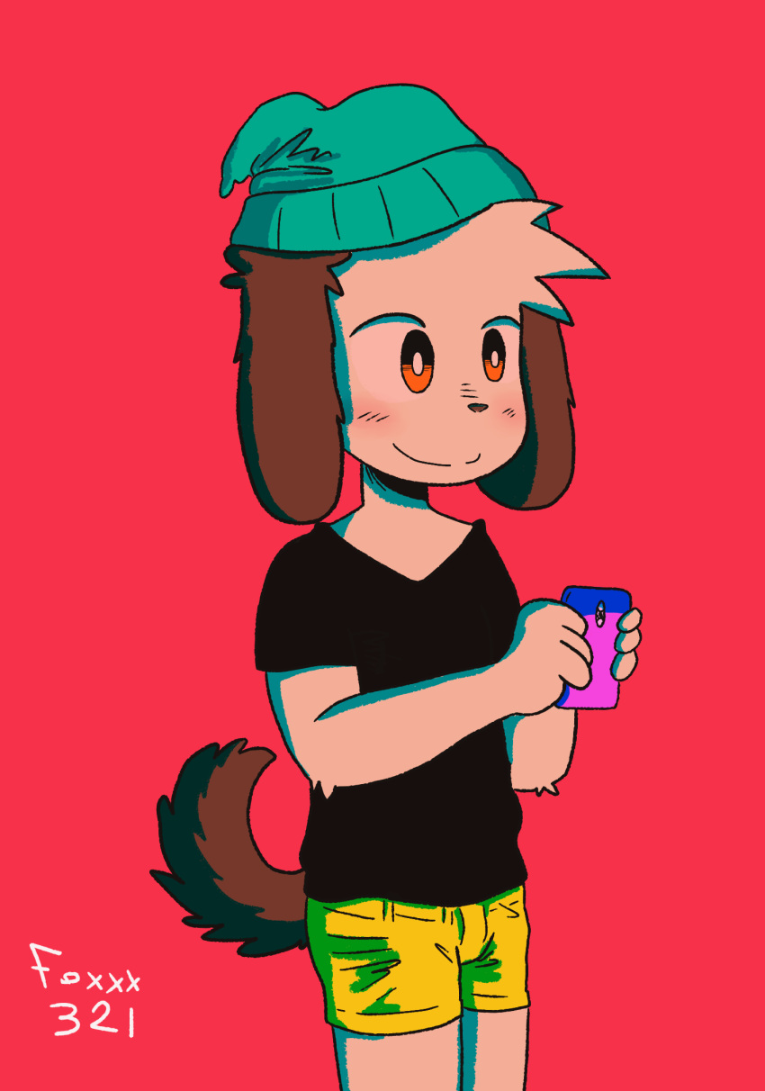 2018 alternate_version_at_source anthro blush canid canine canis cellphone clothing cub domestic_dog foxxx321 hat hi_res male mammal phone young