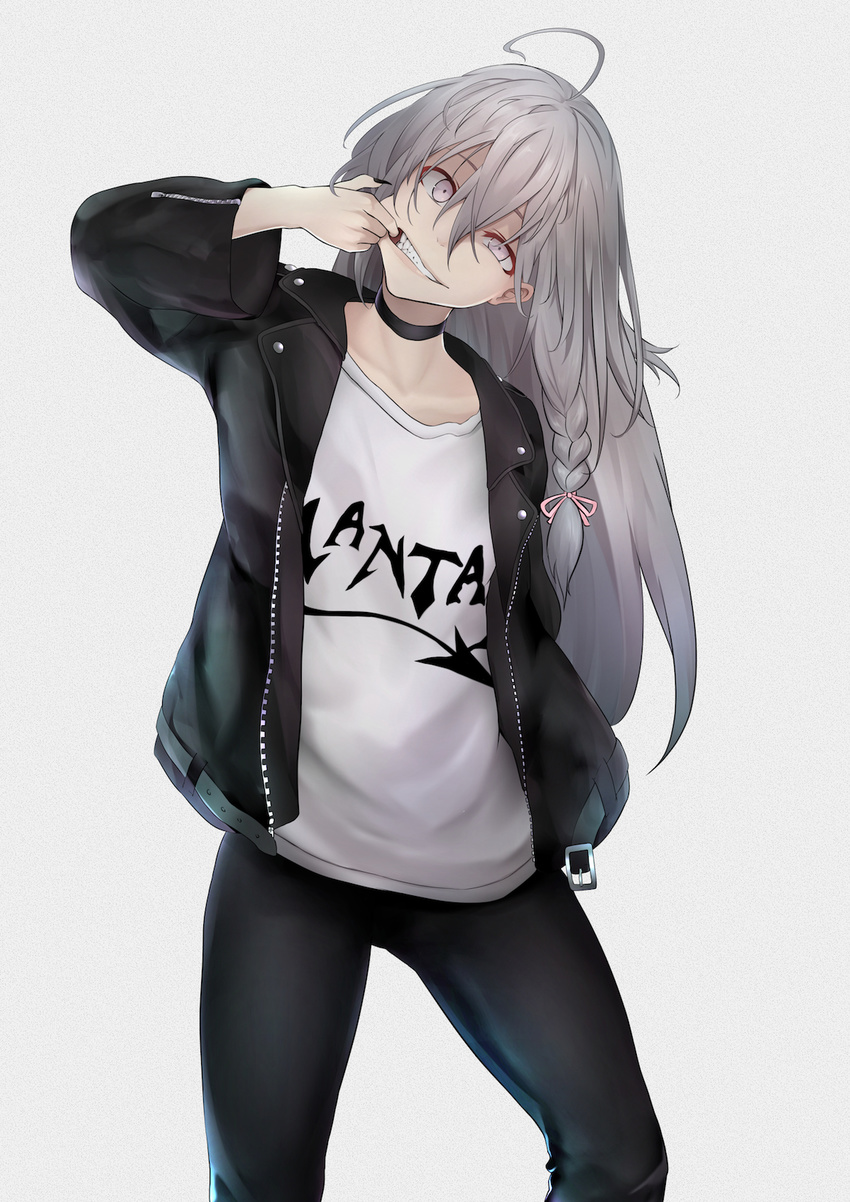 ahoge arms_behind_back belt bow braid choker commentary contrapposto fang finger_in_mouth fingernails gobi_(sobmobink) grey_background grey_eyes grey_hair hair_bow head_tilt highres hoshi_shouko idolmaster idolmaster_cinderella_girls jacket leather leather_jacket leather_pants long_fingernails long_hair looking_at_viewer mouth_pull pants side_braid solo standing unbuckled_belt uneven_eyes unzipped