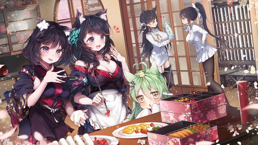 /\/\/\ 5girls :d :o ^_^ ahoge akashi_(azur_lane) animal_ears apron atago_(azur_lane) azur_lane black_hair black_kimono black_legwear blue_eyes blush bottle bow breasts brown_eyes butterfly_hair_ornament cherry_blossoms cherry_tomato chestnut_mouth chick_on_head chopsticks cleavage closed_eyes commentary_request dutch_angle eyebrows_visible_through_hair food frilled_apron frills furrowed_eyebrows fusou_(azur_lane) garter_straps glint green_eyes green_hair hair_bow hair_ornament heart heart-shaped_pupils heart_ahoge high_ponytail highres holding holding_chopsticks indoors japanese_clothes kanola_u kimono kimono_skirt kitchen large_breasts long_hair mole mole_under_eye multiple_girls obentou onigiri open_mouth pantyhose petals plate pleated_skirt profile round_window sake_bottle shelf short_hair skirt smile sparkle spoken_heart standing symbol-shaped_pupils takao_(azur_lane) tako-san_wiener thermos thighhighs tongue tongue_out uniform waist_apron white_apron white_bow white_skirt window wooden_floor yamashiro_(azur_lane)