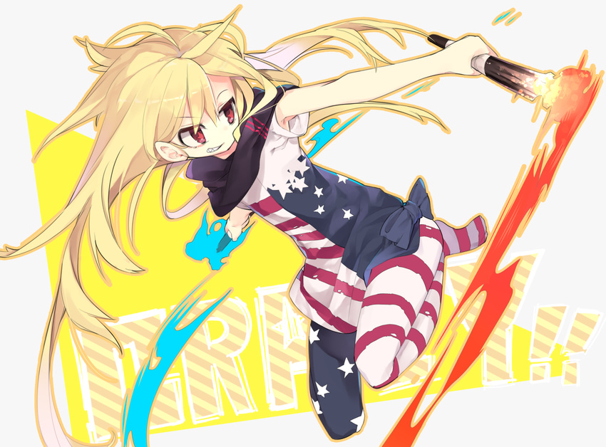 aki_maki_yuu american_flag_dress american_flag_legwear bare_arms black_scarf blonde_hair blue_bow bow clownpiece dress english fire floating_hair full_body grey_background grin holding long_hair outstretched_arms pantyhose red_eyes scarf sharp_teeth short_dress short_sleeves smile solo star star_print striped striped_dress striped_legwear teeth torch touhou very_long_hair