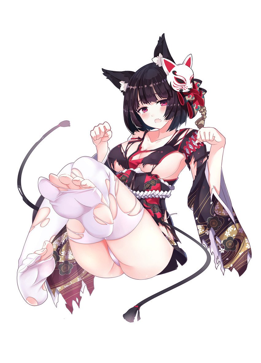 animal_ears azur_lane black_hair black_kimono blush breasts cat_ears clenched_hands collarbone fang floral_print fox_mask full_body furisode highres japanese_clothes kimono kimono_skirt large_breasts looking_at_viewer mask obi omone_chou open_mouth panties paw_pose pink_eyes sash short_hair simple_background sitting solo thighhighs torn_clothes torn_kimono torn_legwear underwear white_background white_legwear white_panties yamashiro_(azur_lane)