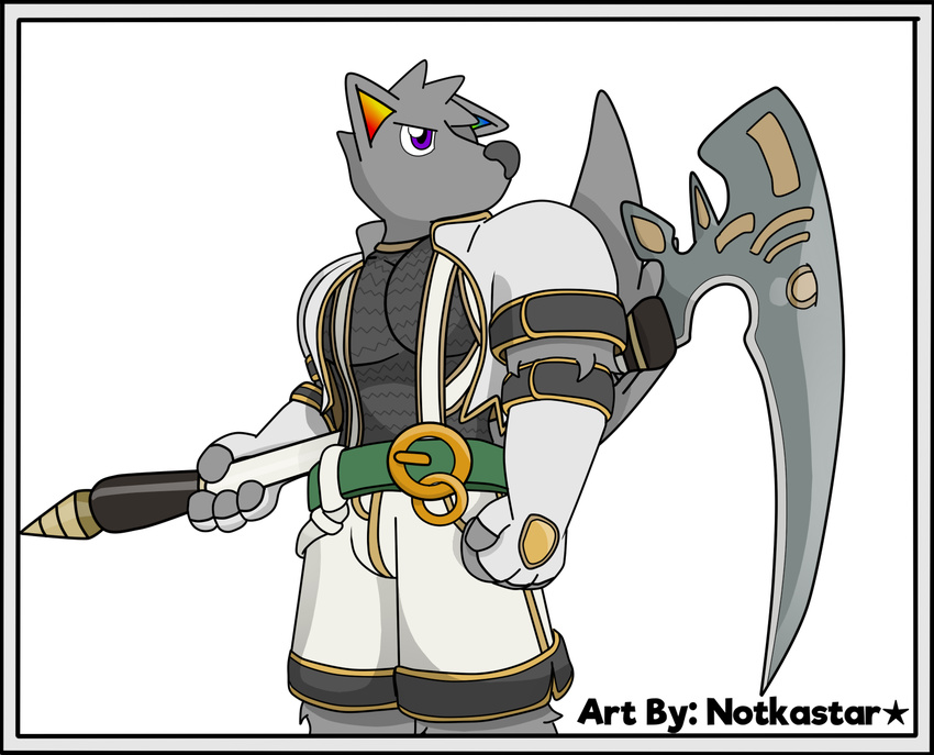 2018 absurd_res anthro canine clothed clothing digital_media_(artwork) english_text fur hair hi_res holding_object holding_weapon male mammal melee_weapon notkastar_(artist) polearm rainbow scythe soul_caliber soul_calibur text weapon zasalamel zatch_(character)