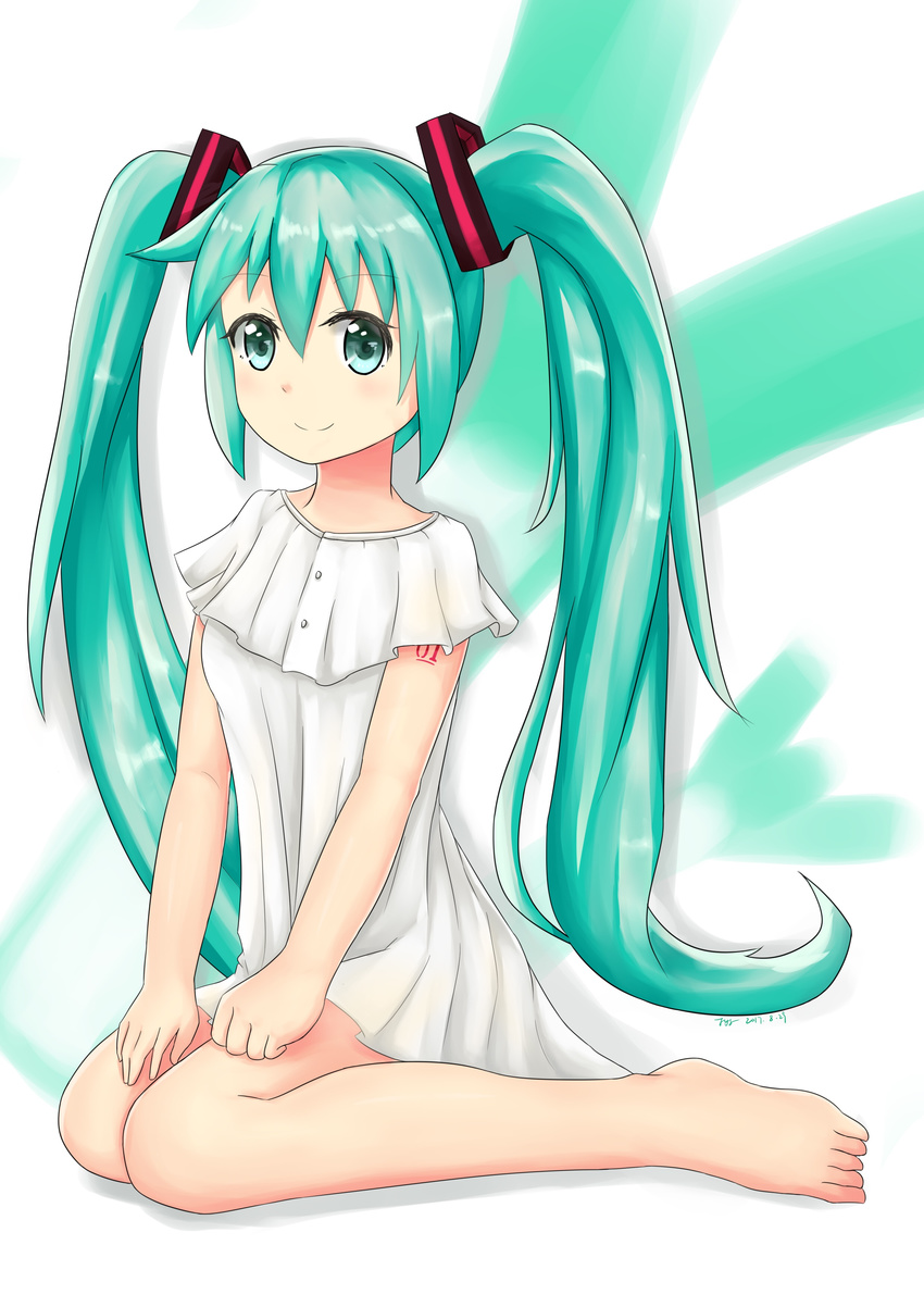 absurdres aqua_eyes aqua_hair bangs barefoot blush closed_mouth commentary_request dated dress eyebrows_visible_through_hair feiyyx full_body hair_between_eyes hair_ornament hatsune_miku highres long_hair looking_at_viewer sidelocks signature sitting sleeveless sleeveless_dress smile solo twintails very_long_hair vocaloid wariza white_dress