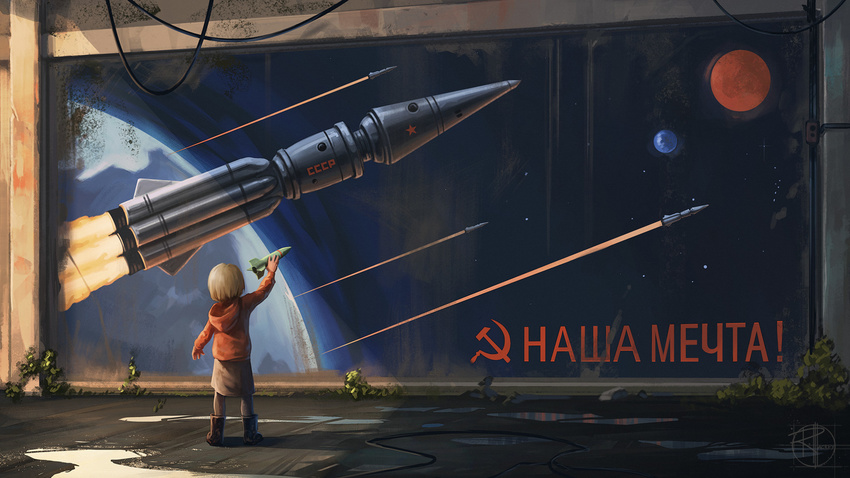 arm_up black_footwear blonde_hair boots brown_legwear brown_skirt cable child commentary day english_commentary facing_away hammer_and_sickle highres holding holding_toy hood hood_down hoodie knee_boots orange_hoodie original outdoors poster_(object) puddle randall_mackey rocket russian science_fiction short_hair signature skirt solo soviet space standing star translated ukraine