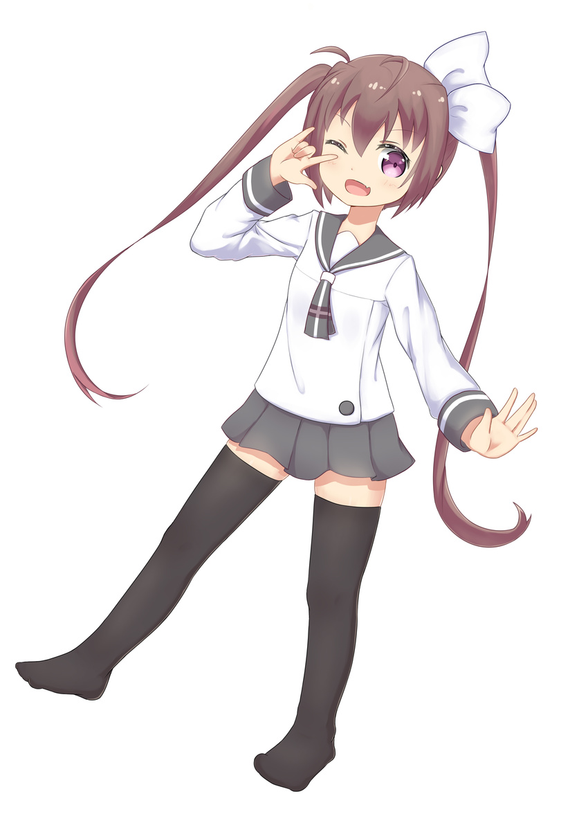 ;d absurdres bangs black_legwear blush bow brown_hair eyebrows_visible_through_hair fang feiyyx full_body grey_neckwear grey_skirt hair_between_eyes hair_bow highres long_hair long_sleeves looking_at_viewer momochi_tamate no_shoes one_eye_closed open_mouth outstretched_arm pleated_skirt purple_eyes school_uniform serafuku shirt sidelocks simple_background skirt slow_start smile solo standing standing_on_one_leg thighhighs twintails v very_long_hair white_background white_bow white_shirt