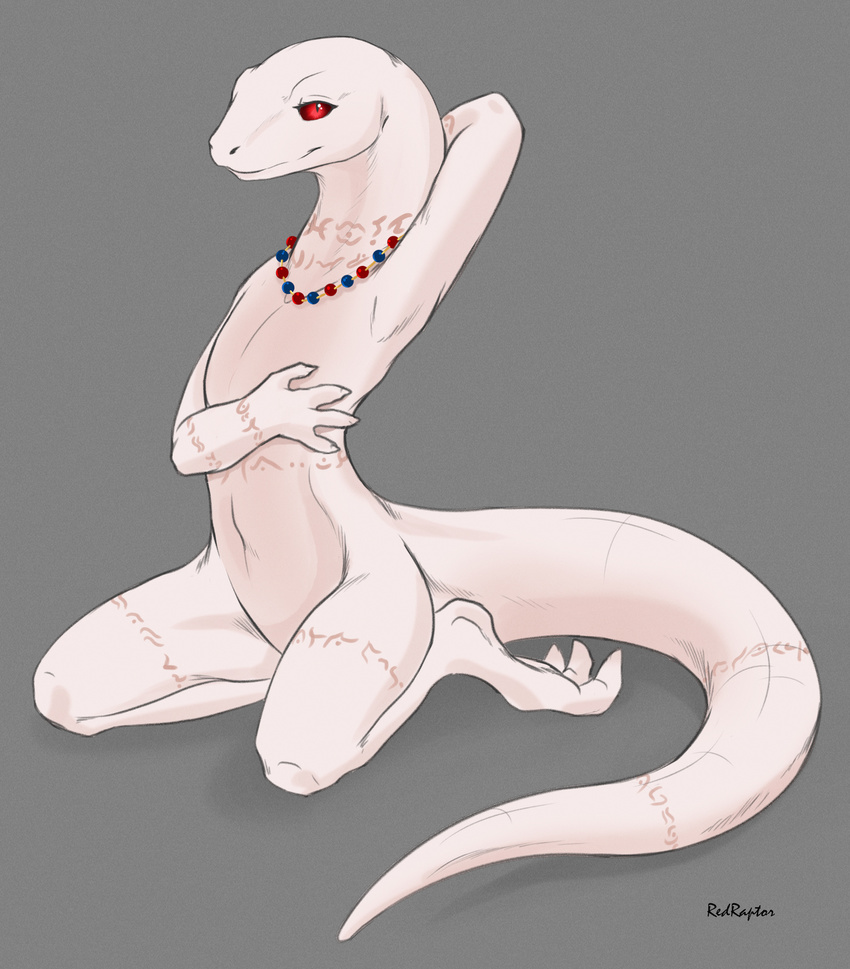 2018 albino anthro bedroom_eyes claws crusch_lulu female flat_chested grey_background half-closed_eyes hand_behind_head jewelry kneeling lizard looking_at_viewer markings necklace nude overlord overlord_(series) pose red_eyes redraptor16 reptile scalie seductive simple_background smile solo tattoo tribal_tattoo white_skin