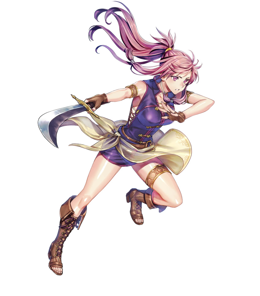 armlet bangs bare_shoulders boots breasts brown_footwear cross-laced_footwear dress fingerless_gloves fire_emblem fire_emblem:_seima_no_kouseki fire_emblem_heroes full_body furikawa_arika gloves highres holding holding_sword holding_weapon knee_boots lace-up_boots leg_up long_hair looking_away marica_(fire_emblem) medium_breasts official_art open_toe_shoes parted_lips ponytail purple_eyes purple_hair see-through short_dress solo sword thigh_strap transparent_background weapon