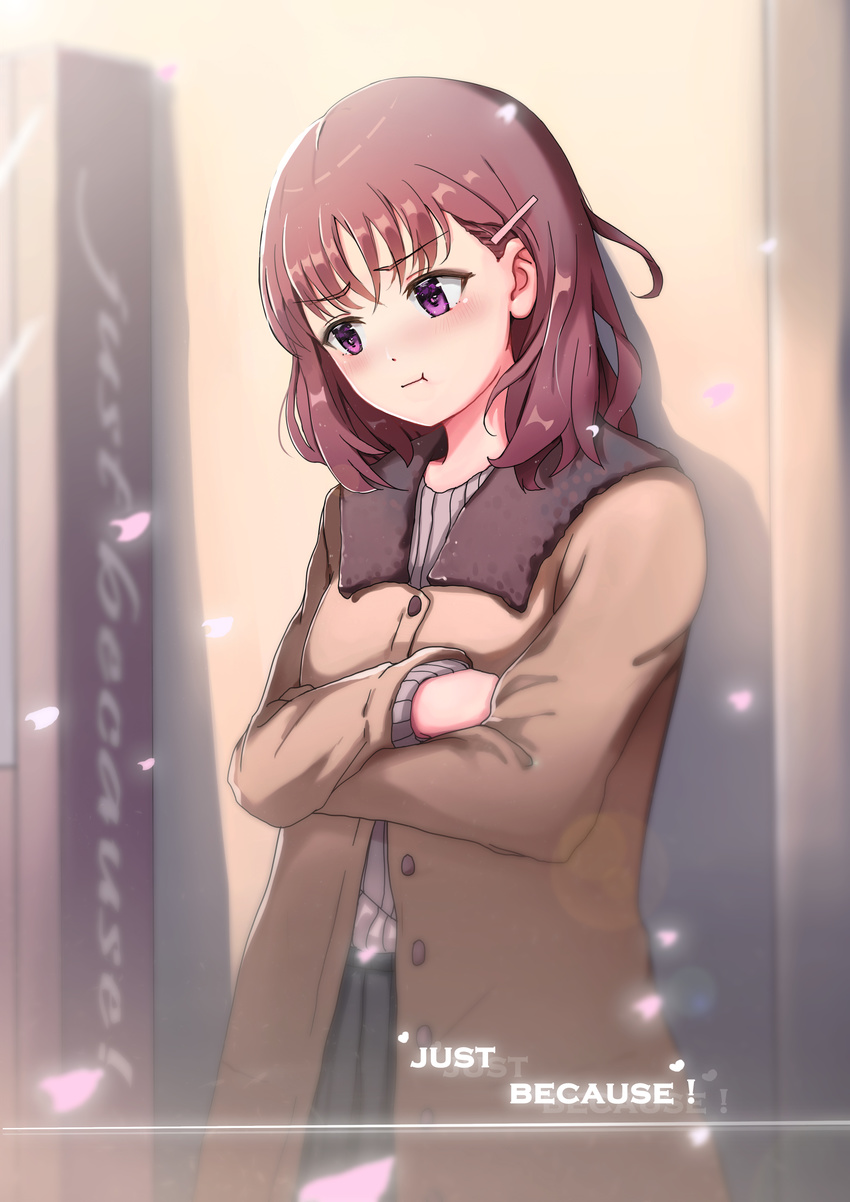 :t absurdres black_skirt blurry blurry_background blush brown_hair coat copyright_name crossed_arms hair_ornament hairclip highres just_because! ki_nishi medium_hair natsume_mio outdoors petals pouty_lips purple_eyes skirt solo standing