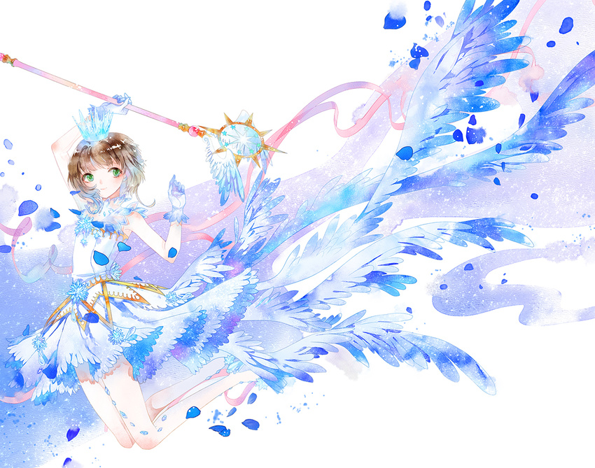 brown_hair card_captor_sakura crown gloves green_eyes hei_yu kinomoto_sakura petals ribbons short_hair wand wings