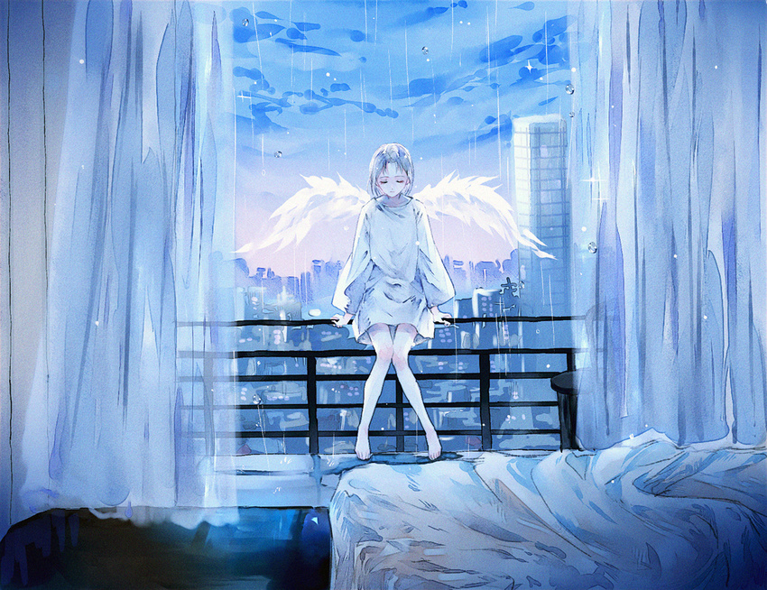 ahma angel_wings arms_at_sides balcony bangs_pinned_back barefoot bed bed_sheet bedroom blue blue_sky building city closed_eyes cloud commentary_request copyright_request curtains facing_viewer feathered_wings indoors knees_together_feet_apart long_sleeves on_railing pensive railing rain robe short_hair silver_hair sitting sky skyscraper solo thigh_gap white_wings wide_shot wings