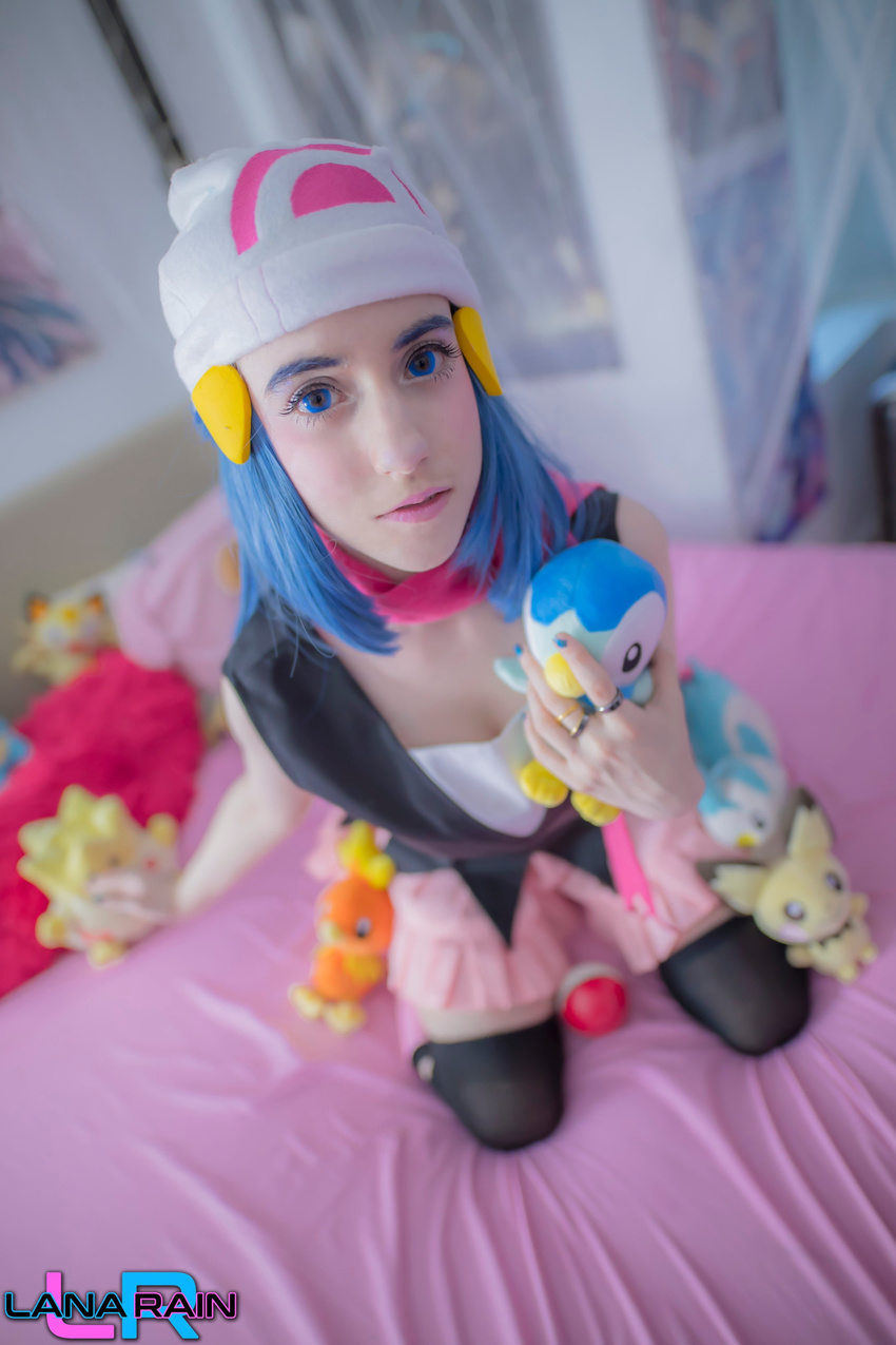 beanie blue_eyes blue_hair boots cosplay hikari_(pokemon) kneehighs lana_rain photo pink_boots pink_legwear pink_skirt pokeball pokemon pokemon_(game) pokemon_dppt red_neckwear scarf skirt white_hat