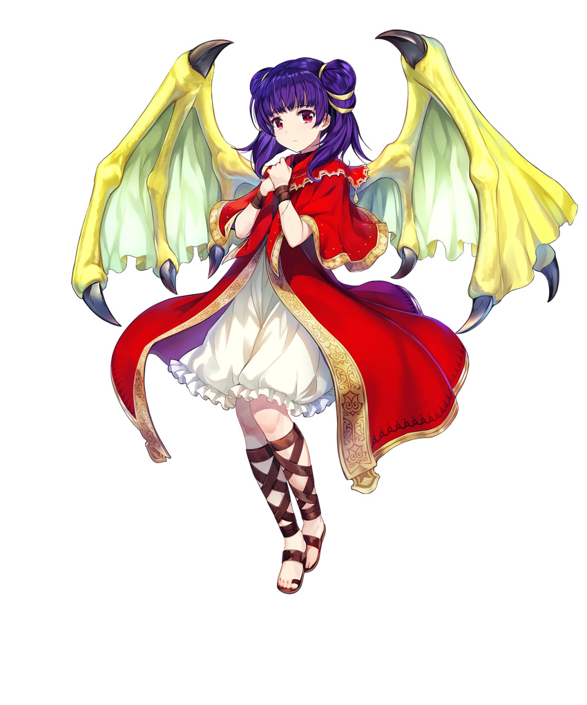 amagai_tarou bangs dragon_girl dragon_wings dress fire_emblem fire_emblem:_seima_no_kouseki fire_emblem_heroes frills full_body hands_together highres lace long_hair looking_at_viewer mamkute multi-tied_hair myrrh official_art purple_hair red_eyes sandals solo transparent_background twintails wings wristband