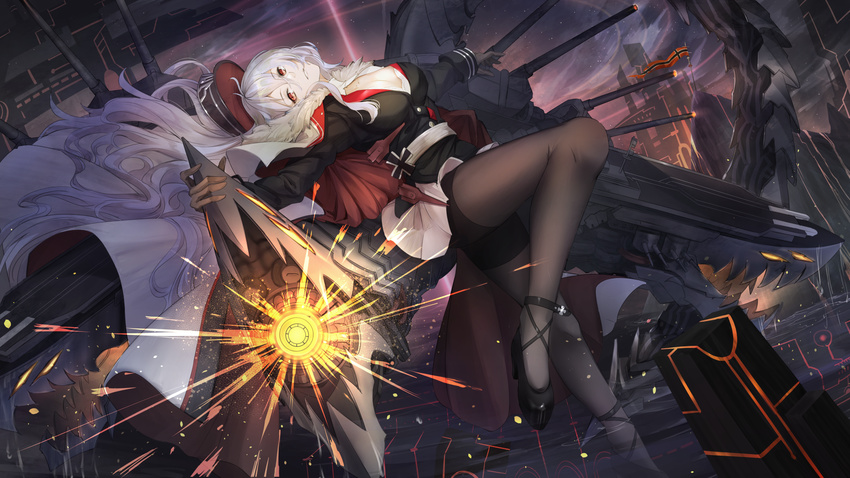 azur_lane bangs black_footwear black_gloves black_legwear bra breasts cannon cape charging_(attack) cleavage cloud collarbone commentary_request dusk eyebrows_visible_through_hair firing flag flagpole floating_hair fur-trimmed_cape fur_trim gloves graf_zeppelin_(azur_lane) hair_between_eyes half-closed_eyes hat head_tilt high_heels highres iron_cross koroneko_p0w0q large_breasts leg_up light_particles long_hair looking_at_viewer machinery military military_uniform pantyhose parted_lips peaked_cap red_eyes reflection rigging ripples sash sidelocks silver_hair skirt sky smile solo standing star_(sky) starry_sky turret underwear uniform wading