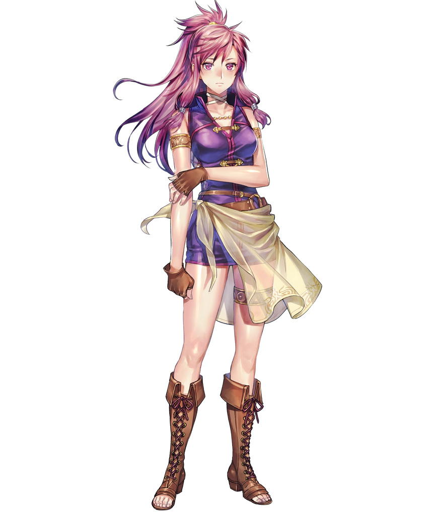 armlet bangs bare_shoulders boots breasts clenched_hand collarbone cross-laced_footwear dress fingerless_gloves fire_emblem fire_emblem:_seima_no_kouseki fire_emblem_heroes full_body furikawa_arika gloves highres knee_boots lace-up_boots long_hair looking_at_viewer marica_(fire_emblem) medium_breasts official_art open_toe_shoes ponytail purple_eyes purple_hair see-through short_dress sleeveless solo thigh_strap transparent_background